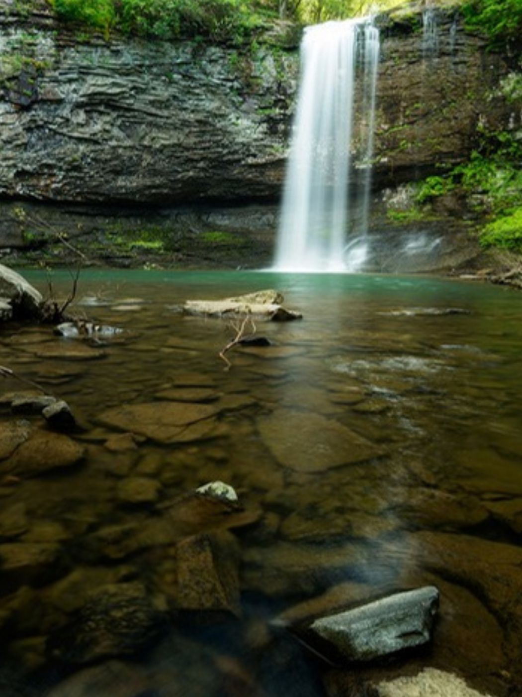 Cherokee Falls pouring into a clear pool at Cloudland Canyon