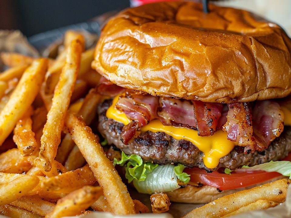 A bacon cheeseburger piled with fries